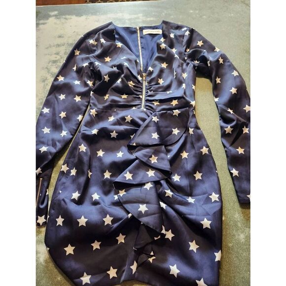 SELF-PORTRAIT Navy Blue Zip Front Ruffle Star Print Long Sleeve Mini Dress sz 0 - Picture 3 of 7